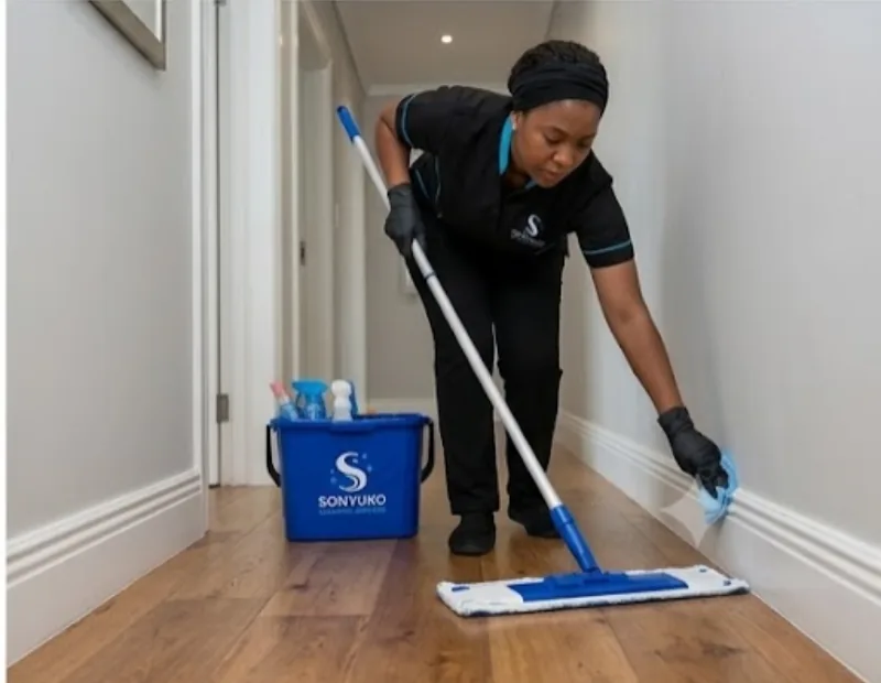 A Sonyuko Cleaning Services team member cleaning a client\u2019s home